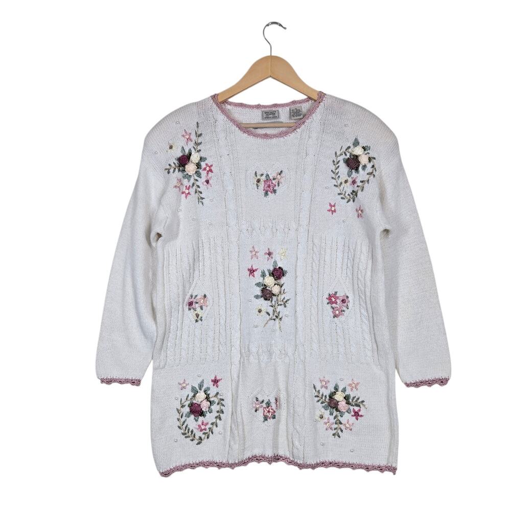 Vintage 90s Specialty Collection Sweater M Ivory Embroidered Floral Tunic